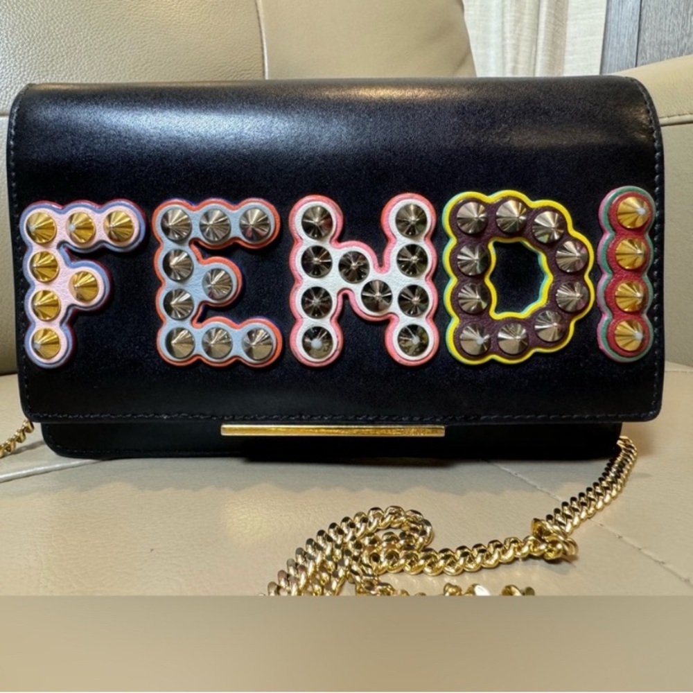 Fendi Fun Fair Black/Multicolor Studded Crossbody Logo WOC
